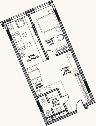 Планировка: 2-к, 58,4 м²