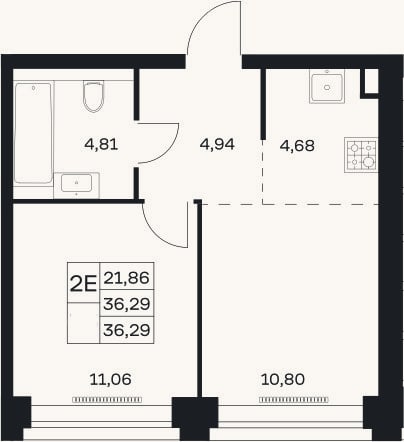 Планировка: 2-к, 36,3 м²