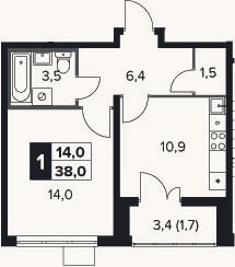 Планировка: 1-к, 36,3 м²