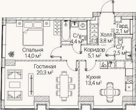 Планировка: 2-к, 65,6 м²