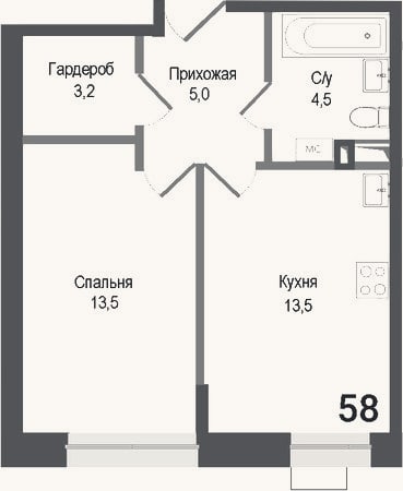 Планировка: 1-к, 39,7 м²