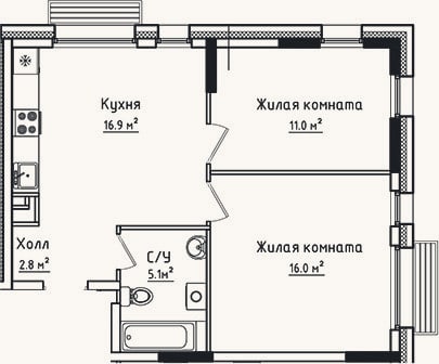 Планировка: 2-к, 51,8 м²