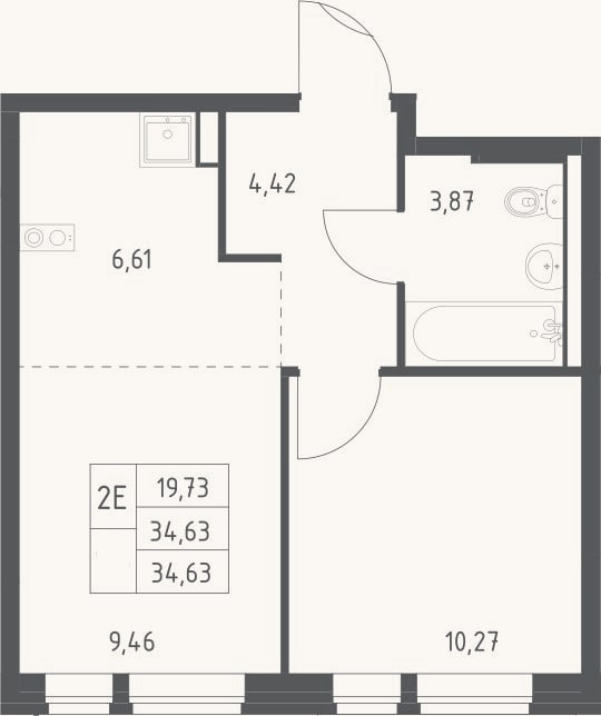 Планировка: 2-к, 34,6 м²