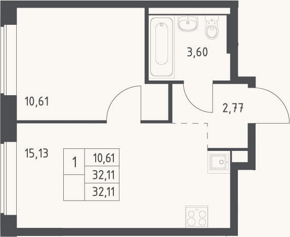Планировка: 2-к, 32,1 м²