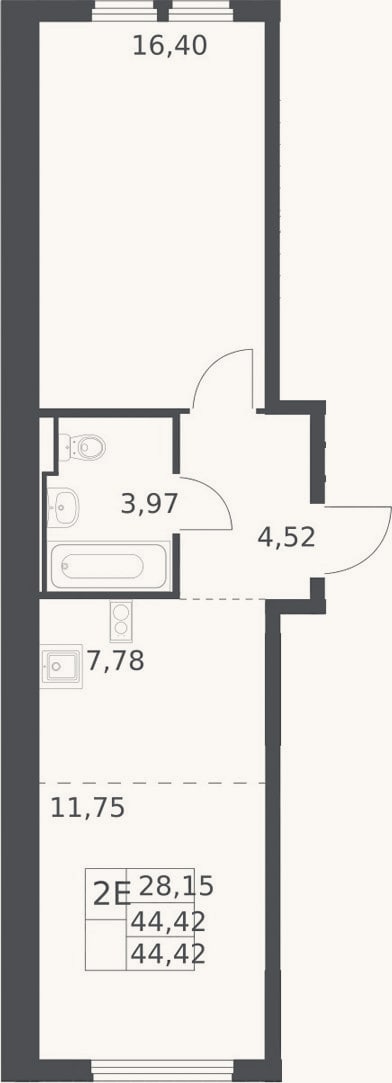 Планировка: 2-к, 44,4 м²