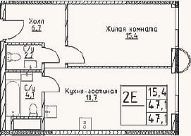 Планировка: 2-к, 47,1 м²