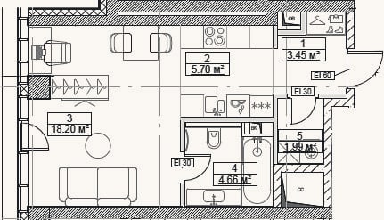 Планировка: Студия, 34 м²