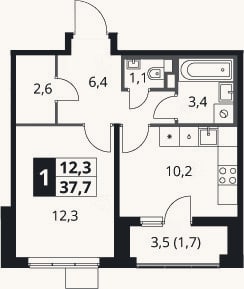 Планировка: 1-к, 36 м²