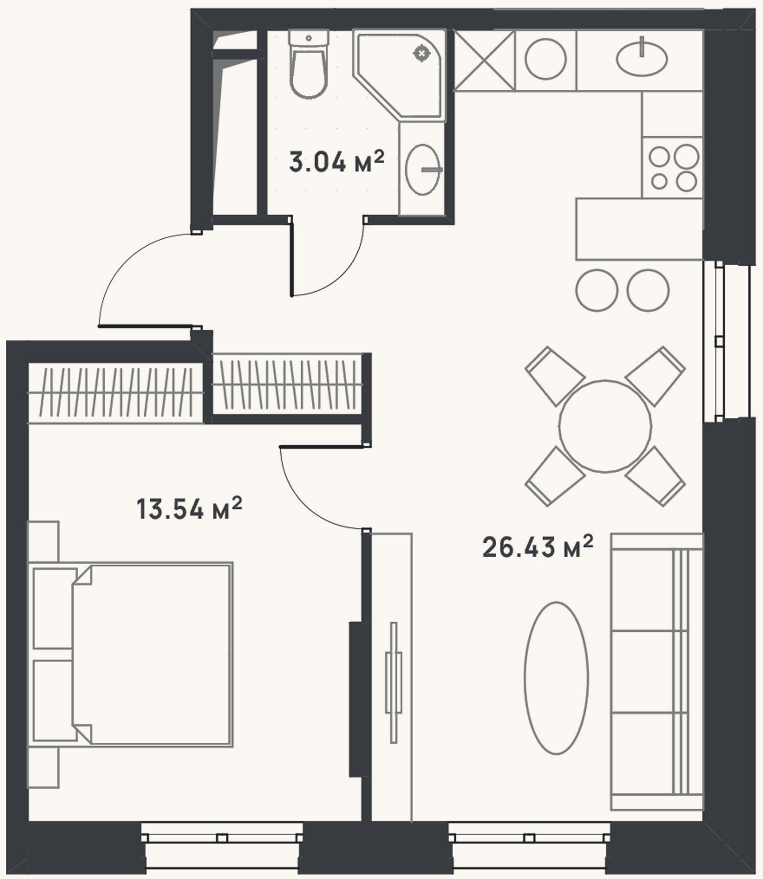 Планировка: 2-к, 43 м²