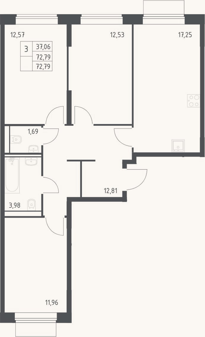 Планировка: 3-к, 72,8 м²