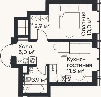 Планировка: 2-к, 33,9 м²