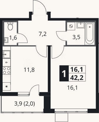 Планировка: 1-к, 40,2 м²