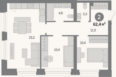 Планировка: 2-к, 62,4 м²