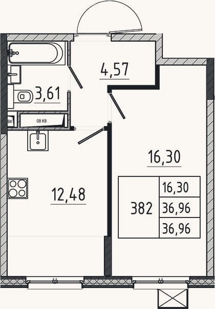 Планировка: 1-к, 37 м²