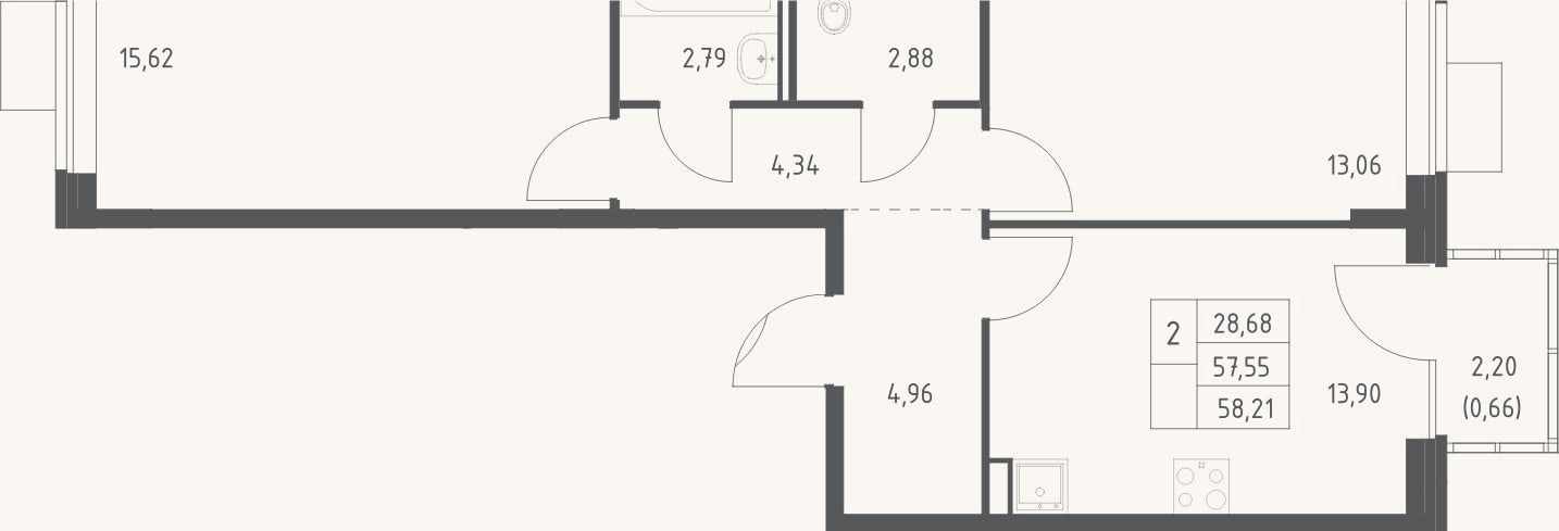 Планировка: 2-к, 57,6 м²