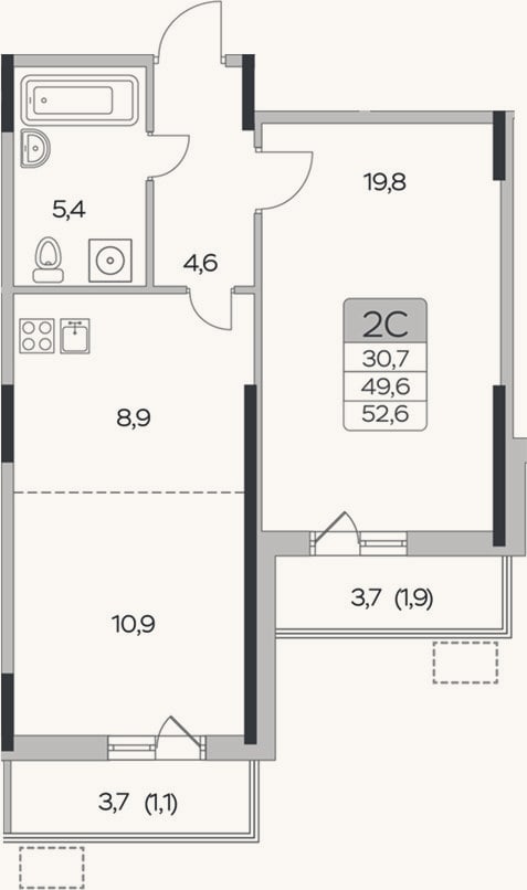 Планировка: 1-к, 49,6 м²