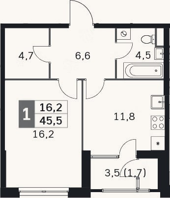 Планировка: 1-к, 41,7 м²
