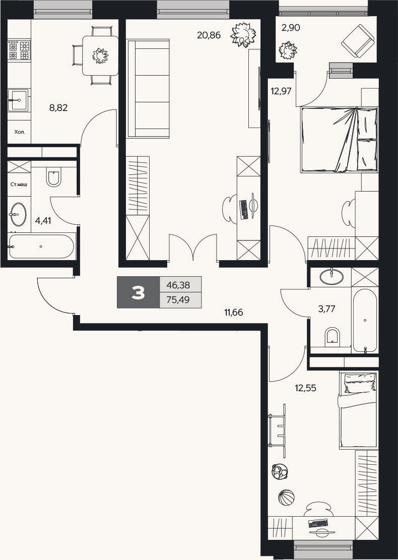 Планировка: 3-к, 75 м²