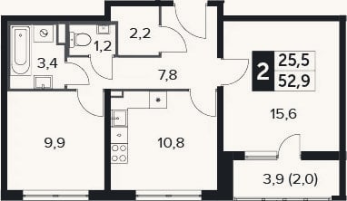 Планировка: 2-к, 50,9 м²