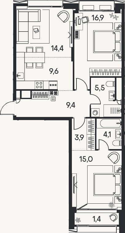 Планировка: 3-к, 78,8 м²