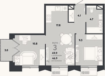 Планировка: 3-к, 46,9 м²