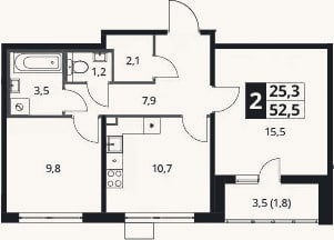 Планировка: 2-к, 51,8 м²