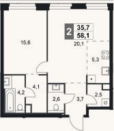 Планировка: 2-к, 58,1 м²