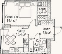 Планировка: 1-к, 37,4 м²