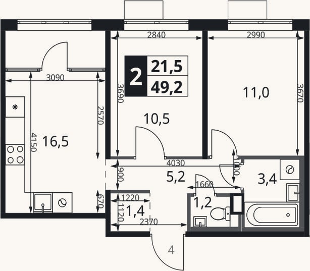 Планировка: 2-к, 49,2 м²