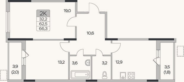 Планировка: 2-к, 62,5 м²