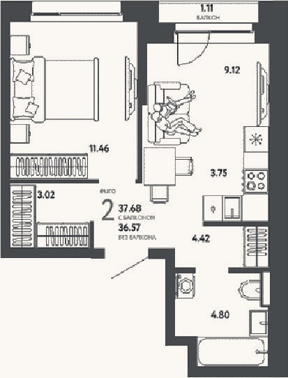 Планировка: 2-к, 36,6 м²