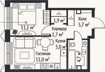 Планировка: 2-к, 41,1 м²