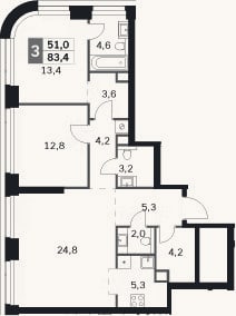 Планировка: 3-к, 83,4 м²