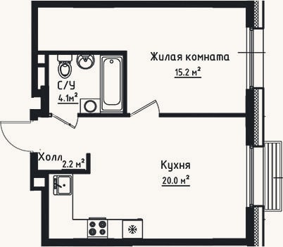 Планировка: 1-к, 41,5 м²