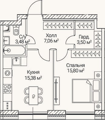 Планировка: 1-к, 45,2 м²