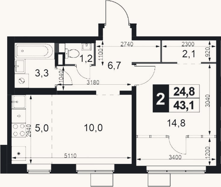 Планировка: 2-к, 43,1 м²