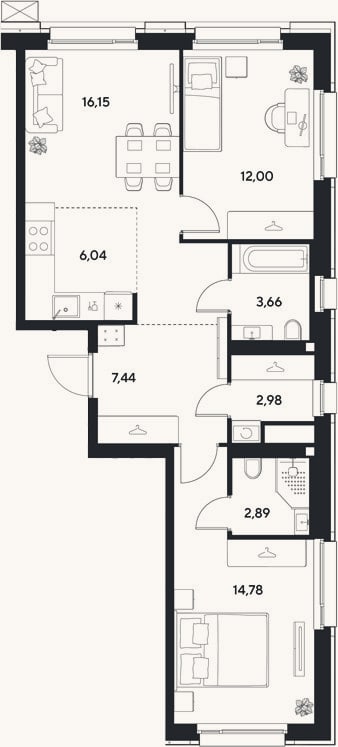 Планировка: 3-к, 65,9 м²