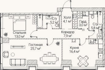 Планировка: 2-к, 81,1 м²