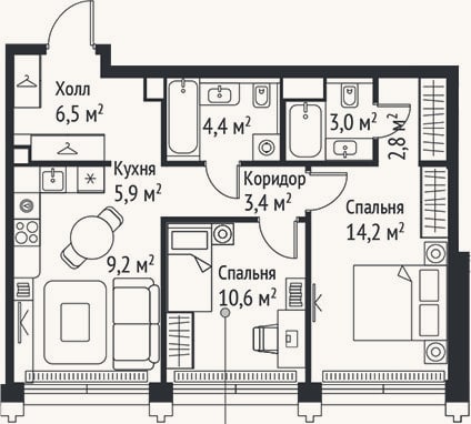 Планировка: 3-к, 60 м²