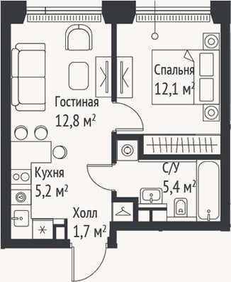 Планировка: 2-к, 37,3 м²