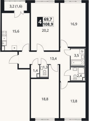 Планировка: 4+ к, 107,3 м²