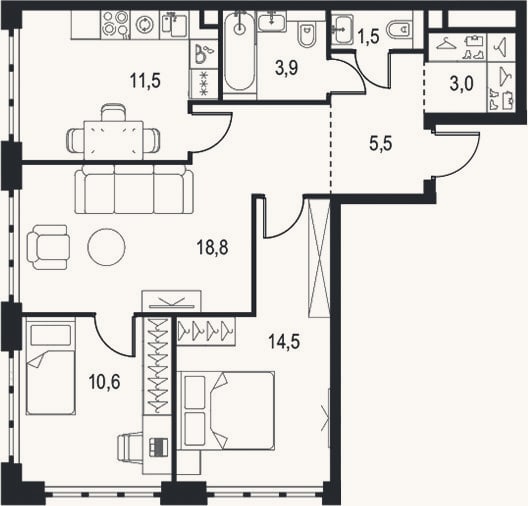 Планировка: 3-к, 69,3 м²