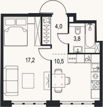 Планировка: 1-к, 35,5 м²