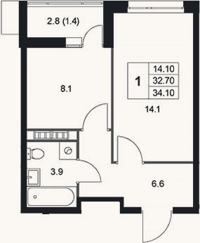 Планировка: 1-к, 32,7 м²