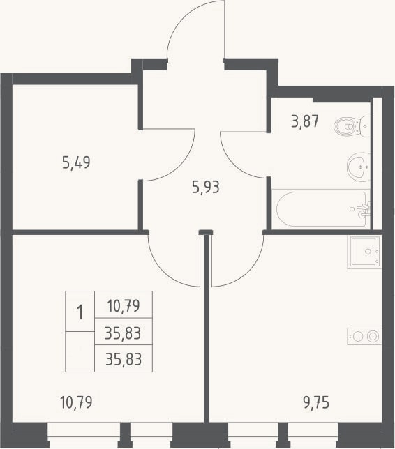 Планировка: 1-к, 35,8 м²