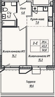 Планировка: 2-к, 45,2 м²
