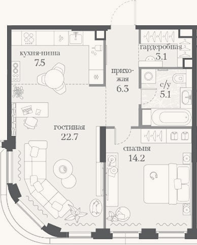 Планировка: 1-к, 58,9 м²