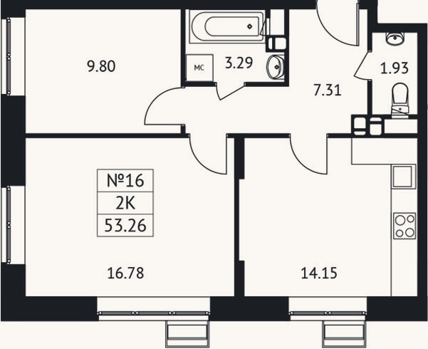 Планировка: 2-к, 53,3 м²