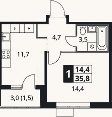 Планировка: 1-к, 34,3 м²