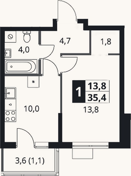 Планировка: 1-к, 34,3 м²